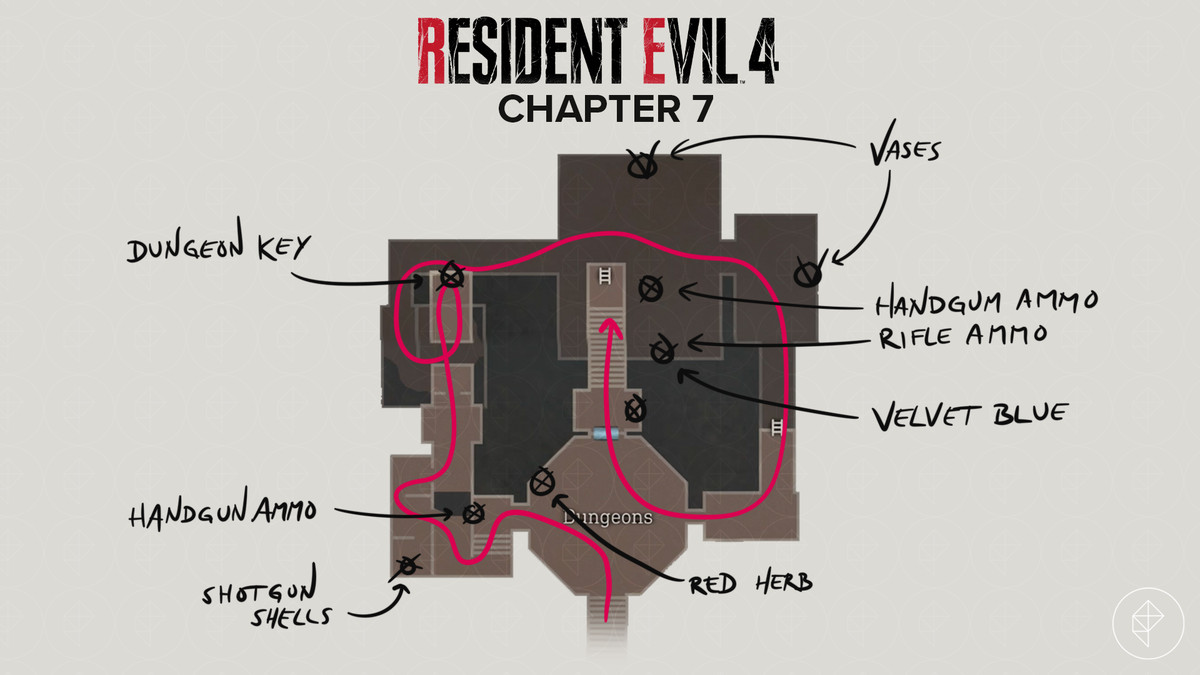Mappa del remake di Resident Evil 4 dei sotterranei con gli oggetti contrassegnati.