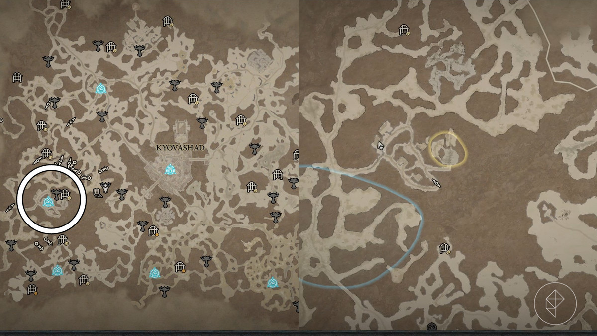 Posizione della fortezza di Nostrava in Fractured Peaks in Diablo 4 / IV.  Posizione mostrata cerchiata sulla mappa.
