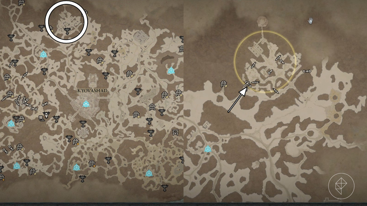 Posizione della fortezza di Kor Dragan in Fractured Peaks in Diablo 4 / IV.  Posizione mostrata in cerchio sulla mappa