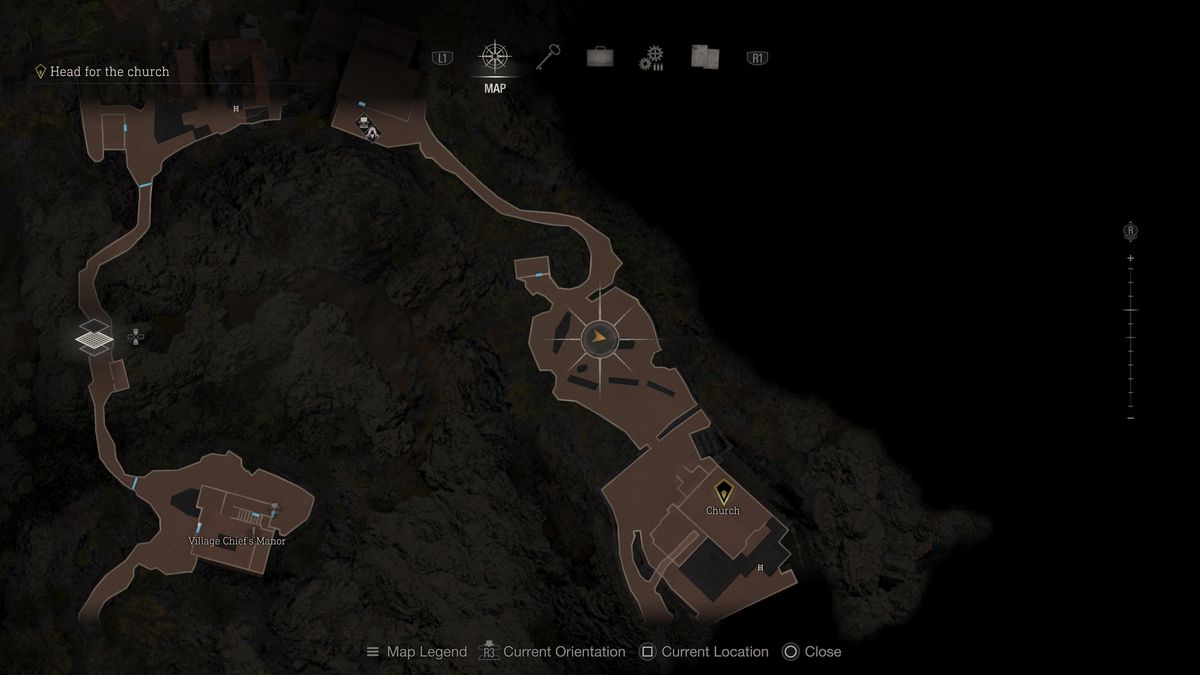 Una posizione sulla mappa del cimitero della Chiesa nel remake di Resident Evil 4 che indica il punto in cui si trova Grave Robber