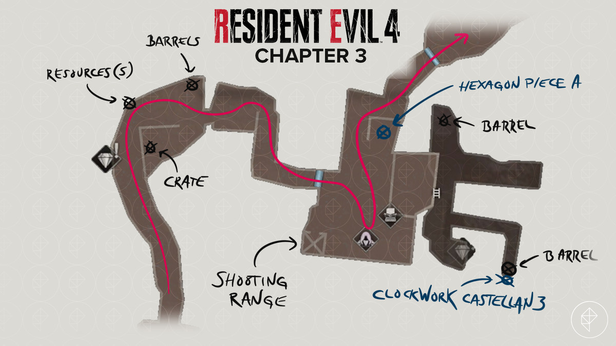 Mappa remake di Resident Evil 4 della Cava con un percorso e tutti gli oggetti da trovare lì.