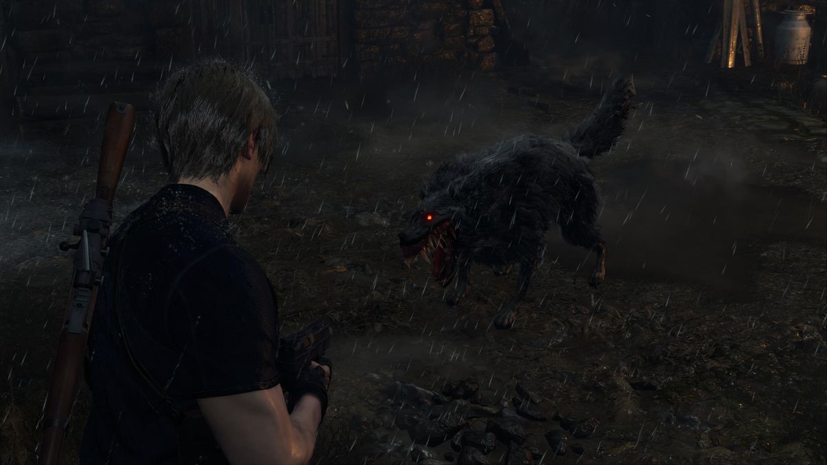 Leon S Kennedy affronta un cane infetto più grande del solito come parte di A Savage Mutt nel remake di Resident Evil 4