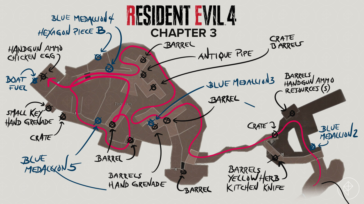 Mappa del remake di Resident Evil 4 dell'allevamento ittico con un percorso e tutti gli oggetti da trovare lì.