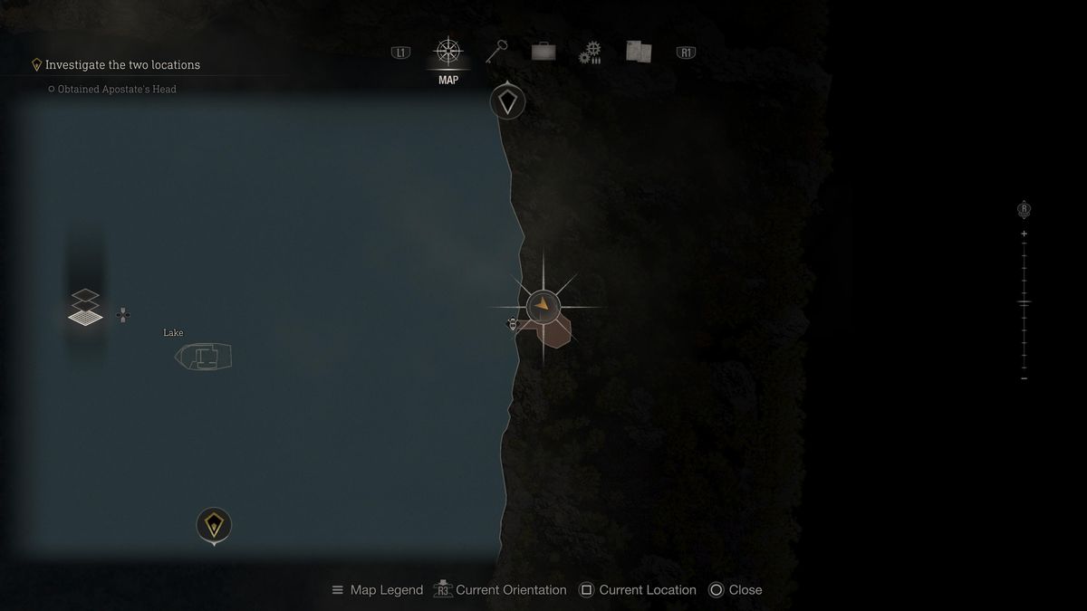 Una posizione sulla mappa nel remake di Resident Evil 4 che individua l'isola orientale vicino al lago