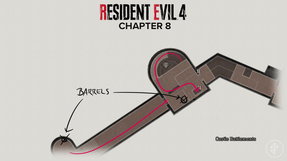Mappa del remake di Resident Evil 4 della prima parte dei bastioni del castello