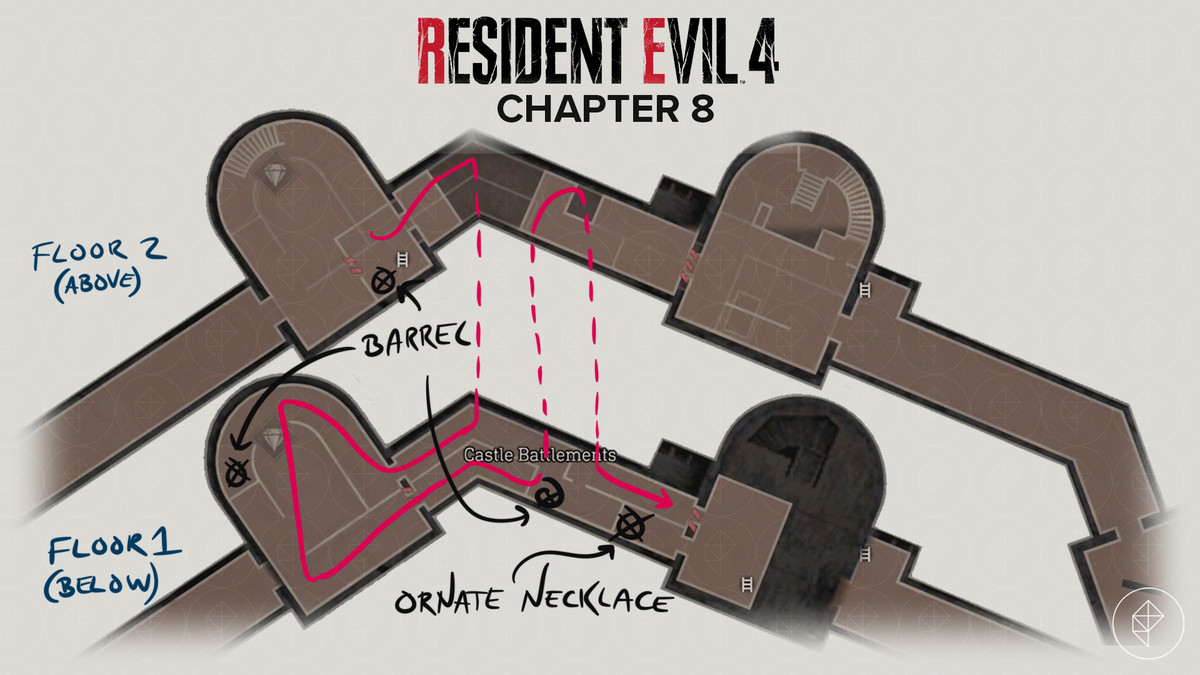Mappa del remake di Resident Evil 4 della seconda tappa dei bastioni del castello con gli oggetti contrassegnati