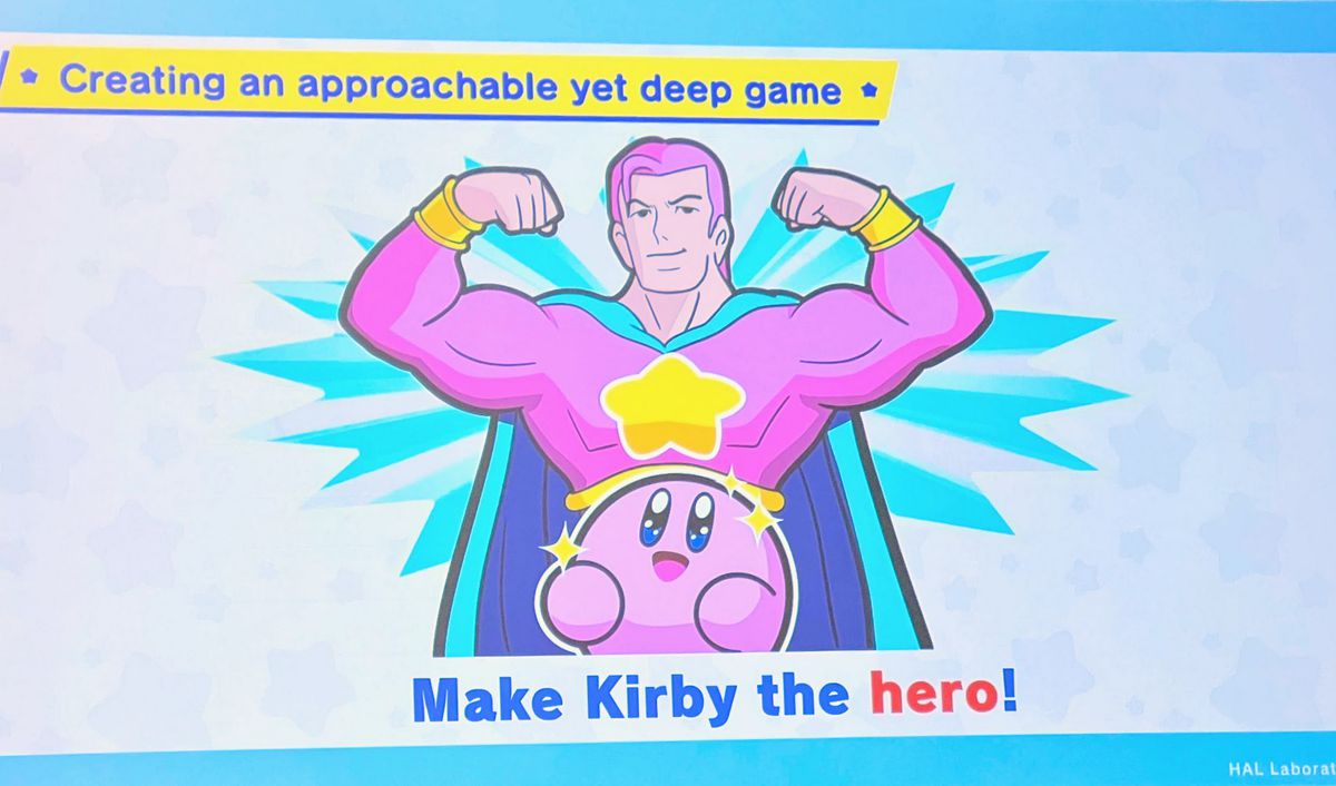 Kirby immagina un supereroe che lo ispirerebbe nelle sue avventure.  L'immagine proviene da un panel alla GDC 2023.