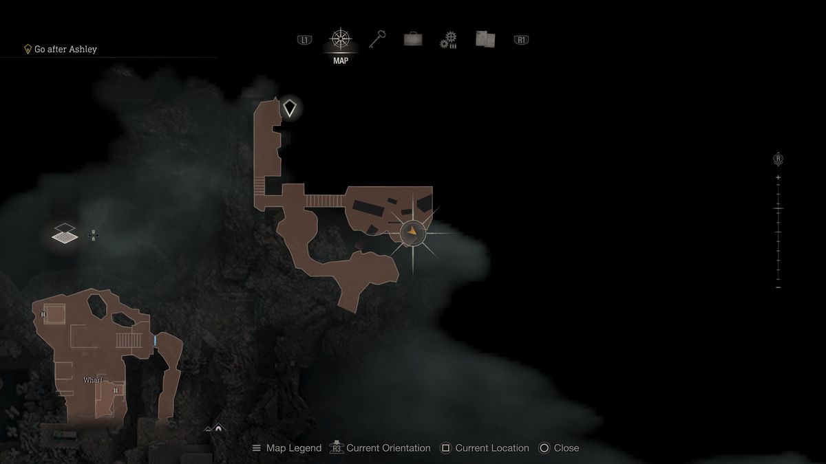 Una posizione sulla mappa che individua l'area dopo il molo nel remake di Resident Evil 4 con il Clockwork Castellan nelle vicinanze.