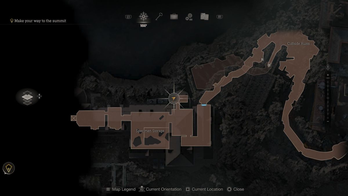 Una posizione sulla mappa che individua l'angolo settentrionale del Deposito campioni nel remake di Resident Evil 4 con il Castellano Meccanico nelle vicinanze.