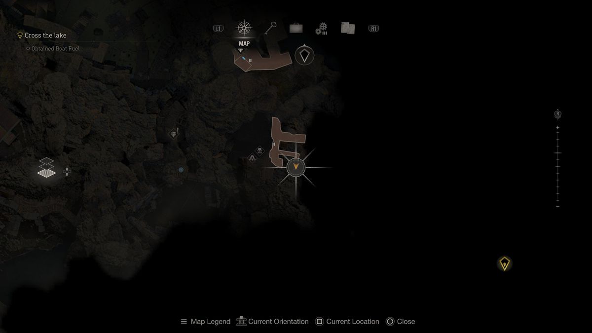 Una posizione sulla mappa che individua la postazione mercantile nel remake di Resident Evil 4 con il Clockwork Castellan nelle vicinanze.