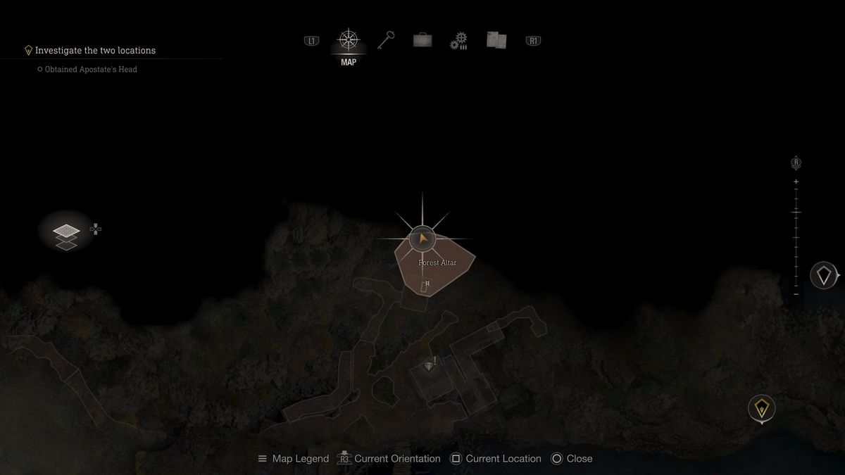 Una posizione sulla mappa che individua l'altare della foresta nel remake di Resident Evil 4 con Clockwork Castellan a nord.