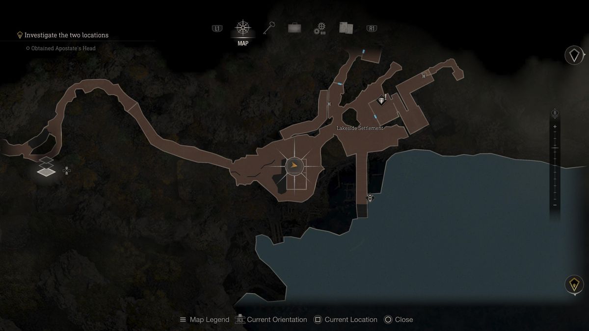 Una posizione sulla mappa che individua la baracca in Resident Evil 4 Remake di Lakeside Settlement con il Clockwork Castellan all'interno.