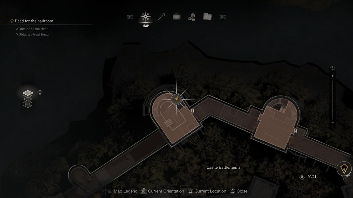 Una posizione sulla mappa che individua il punto dei merli del castello nel remake di Resident Evil 4 con il Clockwork Castellan nelle vicinanze.