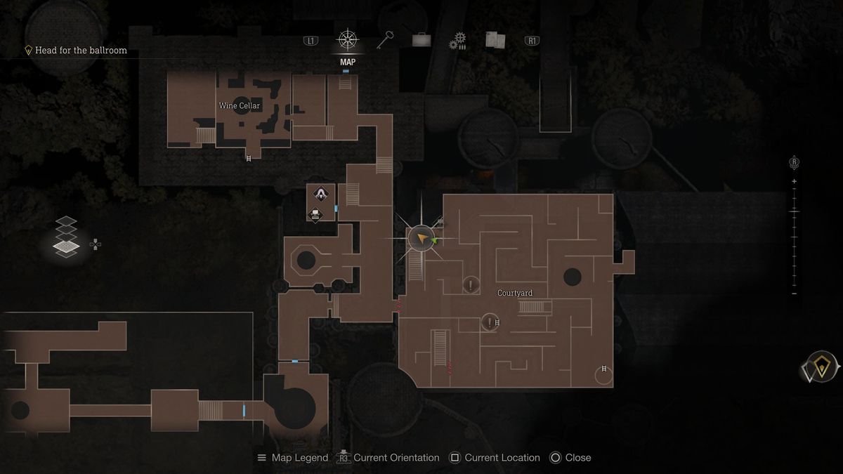 Una posizione sulla mappa che individua l'angolo nord-est del cortile nel remake di Resident Evil 4 con il Castellano Meccanico nelle vicinanze.