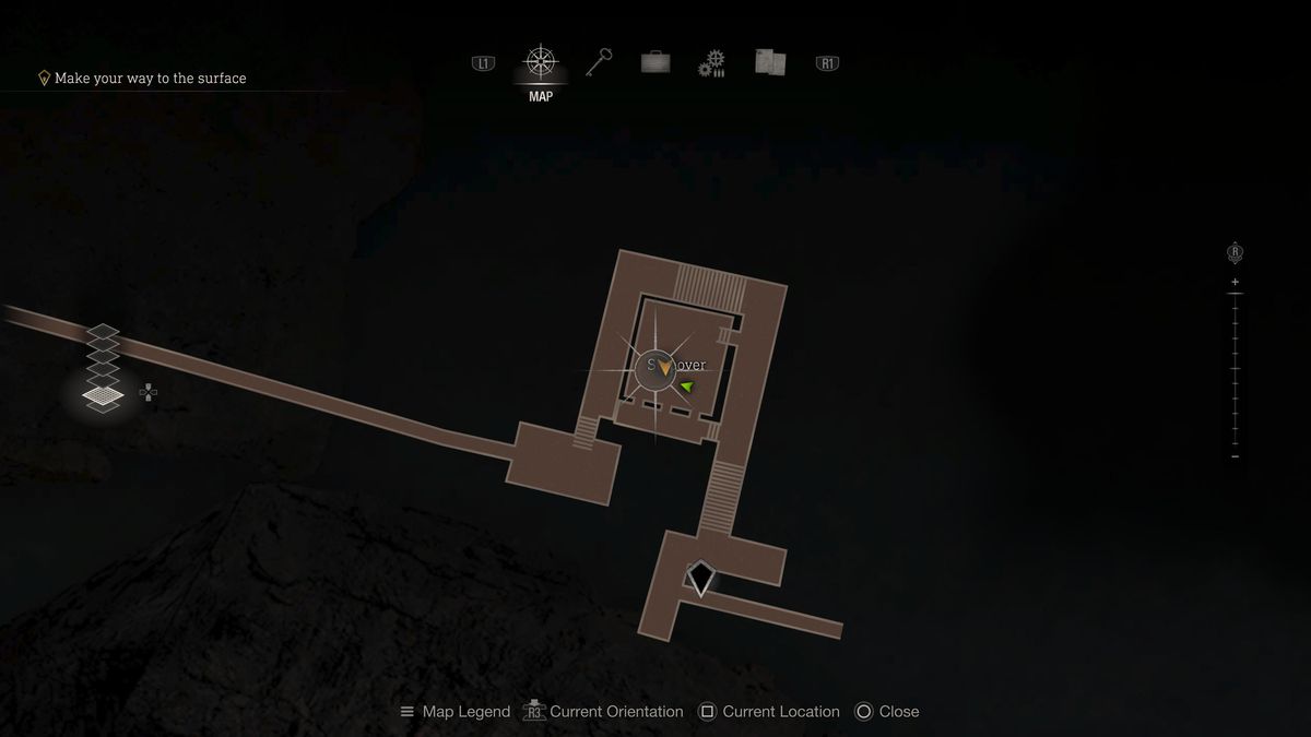 Una posizione sulla mappa che individua lo Stopover nel remake di Resident Evil 4 con il Clockwork Castellan all'interno.