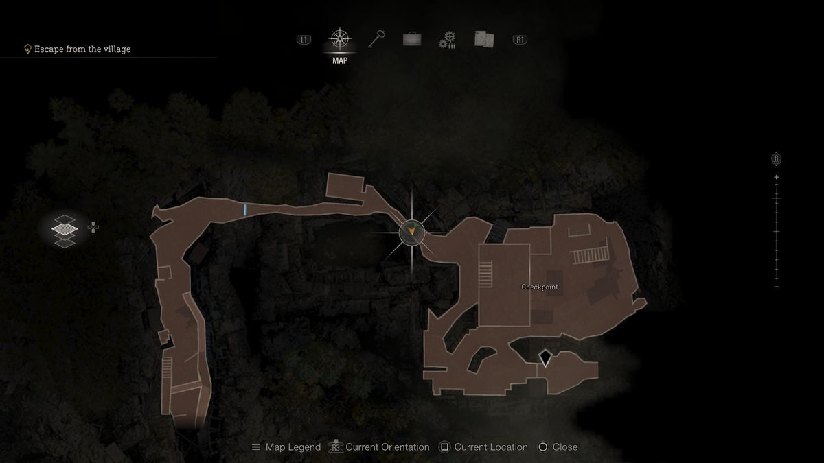 Una posizione sulla mappa che indica la strada per l'area del Checkpoint nel remake di Resident Evil 4 con il Clockwork Castellan nelle vicinanze.