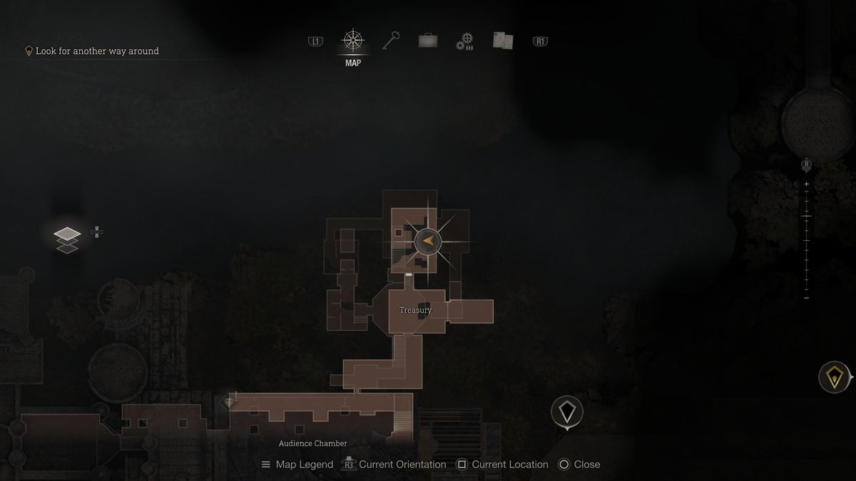 Una posizione sulla mappa che individua la stanza a nord del Tesoro nel remake di Resident Evil 4 con il Clockwork Castellan nelle vicinanze.