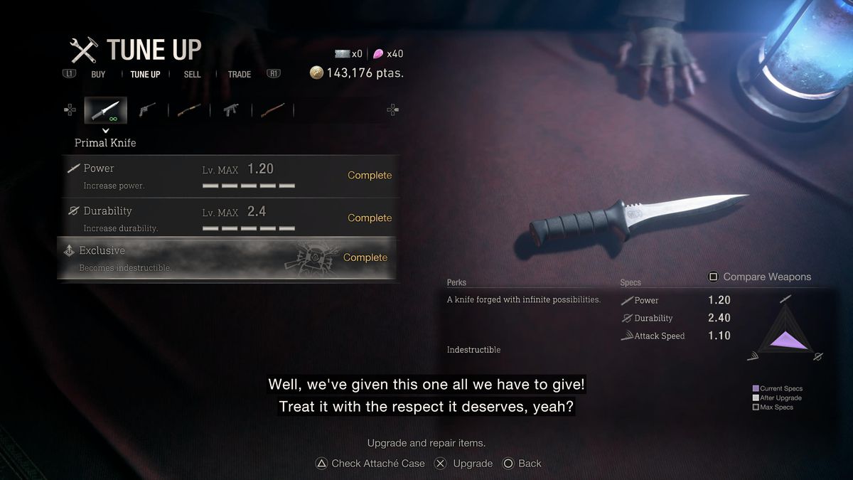Il coltello primordiale completamente aggiornato nella schermata di messa a punto del commerciante nel remake di Resident Evil 4