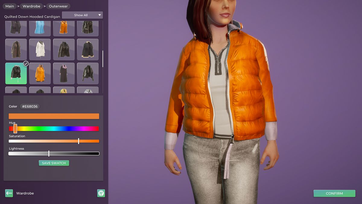 Una schermata di personalizzazione del personaggio in Life By You, in cui il giocatore sta cambiando il tono di una giacca invernale sul personaggio