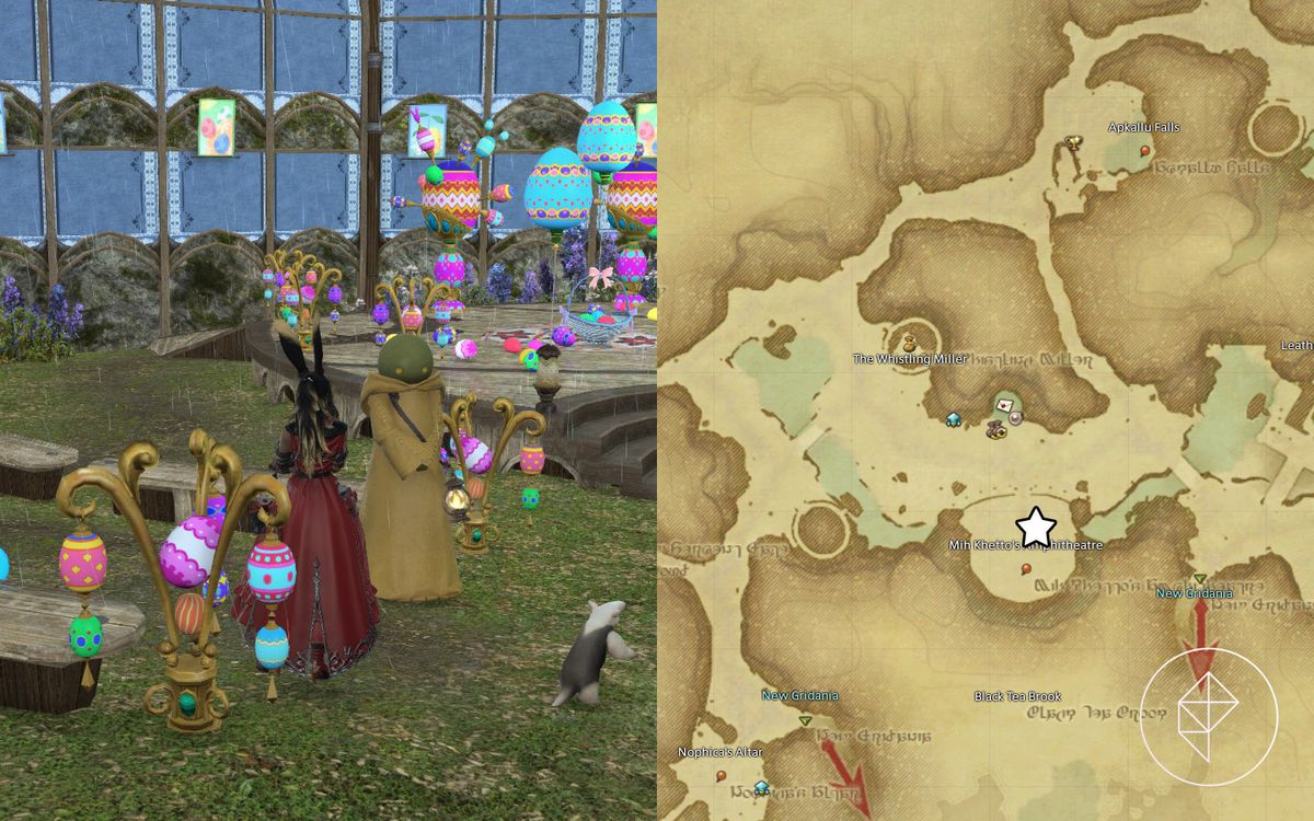 Una Viera di Final Fantasy 14 si trova di fronte a un NPC vestito come un gigantesco tonberry tra i sedili di un teatro decorato con uova.  Una stella sulla mappa indica dove trovare questo NPC vicino all'Anfiteatro nella Vecchia Gridania.