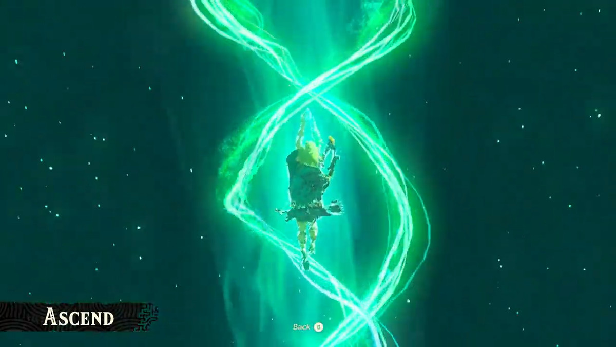 Link nuota attraverso una montagna, mentre i bagliori verdi lo avvolgono in The Legend of Zelda: Tears of the Kingdom
