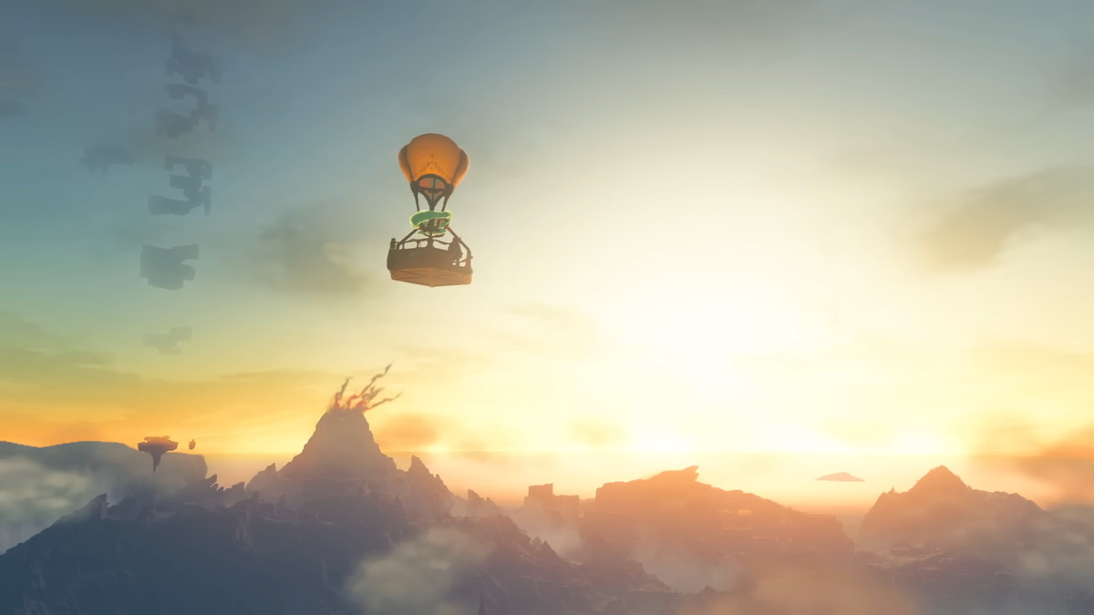 Link in sella a una mongolfiera con un tramonto sullo sfondo in The Legend of Zelda: Tears of the Kingdom.