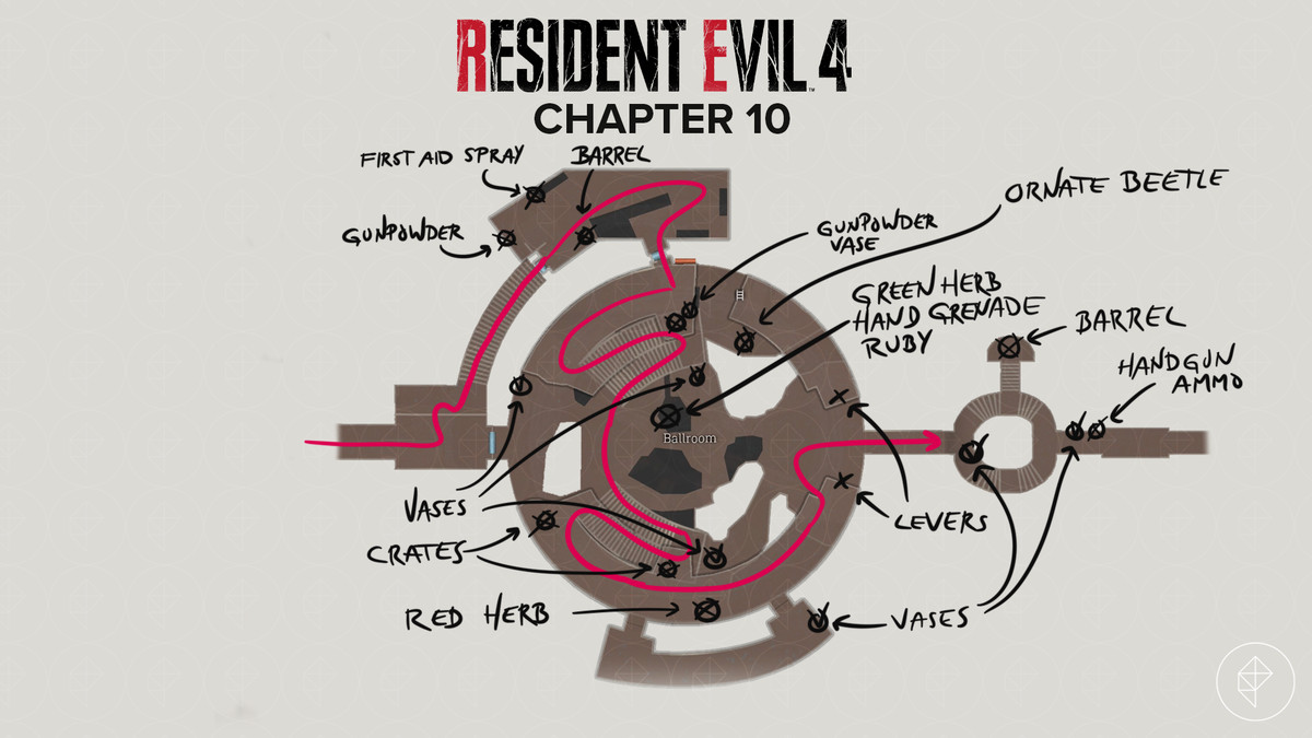 Mappa del remake di Resident Evil 4 attraverso la sala da ballo con gli oggetti contrassegnati