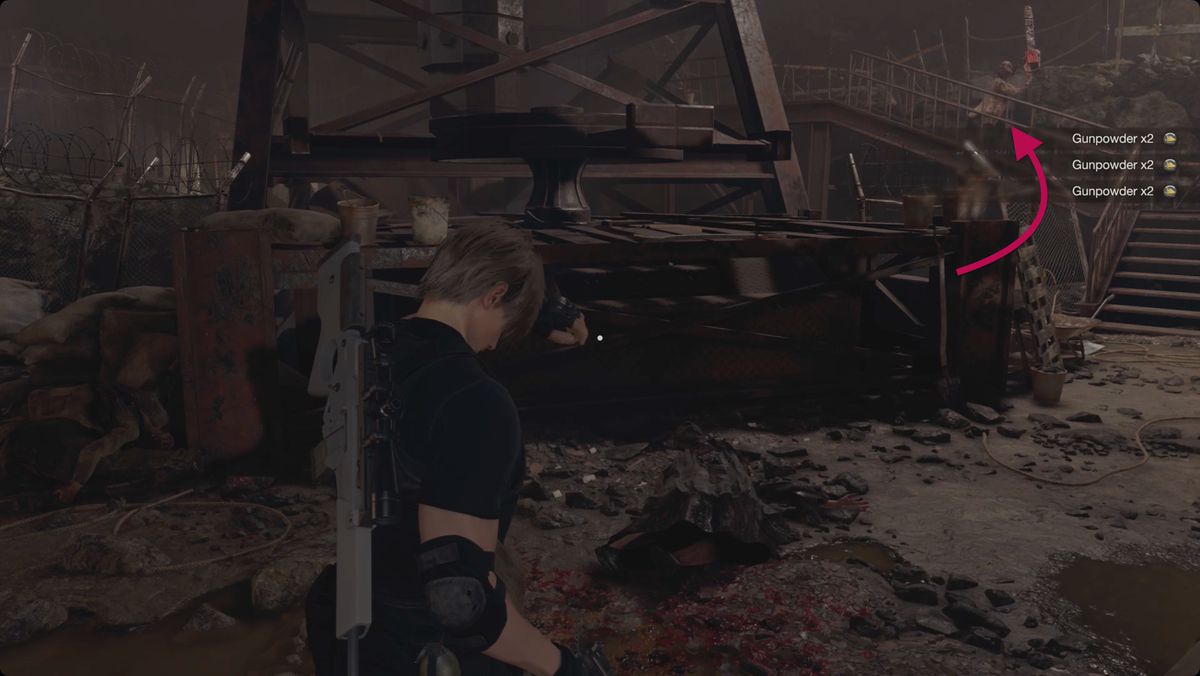 Resident Evil 4 remake Leon si prende una pausa e si asciuga la fronte mentre una sorella della motosega corre giù per le scale in lontananza