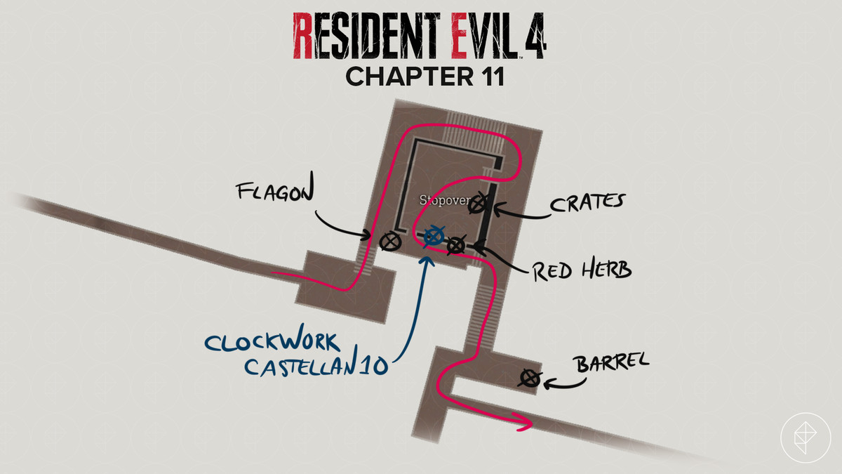 Mappa del remake di Resident Evil 4 dello Stopover con gli elementi contrassegnati