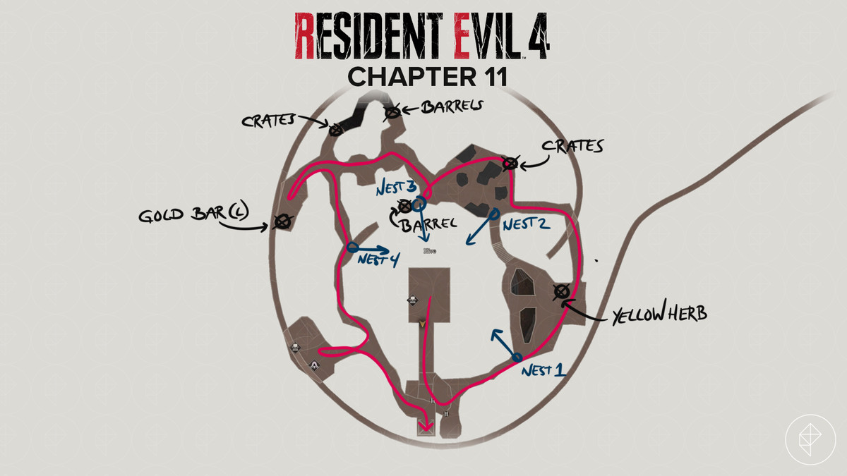 Mappa remake di Resident Evil 4 dell'alveare con un percorso e oggetti contrassegnati