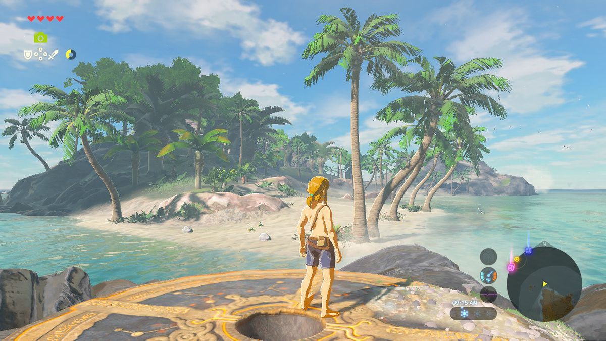 Link da The Legend of Zelda: Breath of the Wild in piedi sull'isola di Eventide, a torso nudo, senza equipaggiamento.