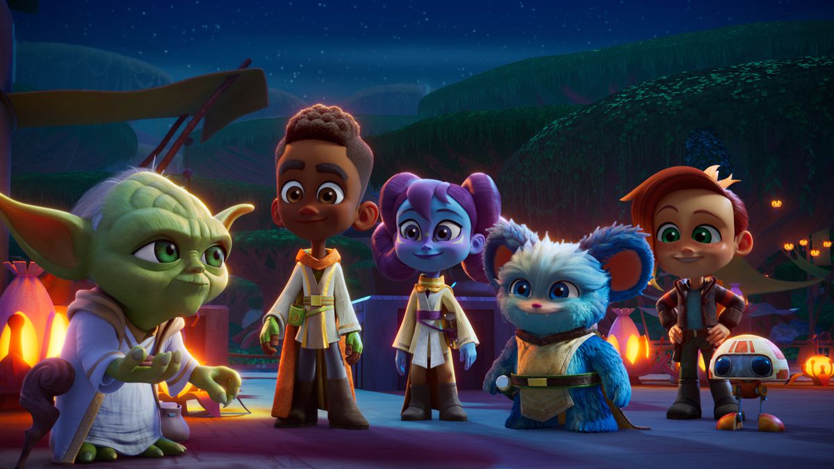 Master  Yoda, i giovani Jedi Kai, Lys e Nubs e i loro amici Nash e RJ-83 stanno davanti ad alcune lanterne in Star Wars: Young Jedi Adventures