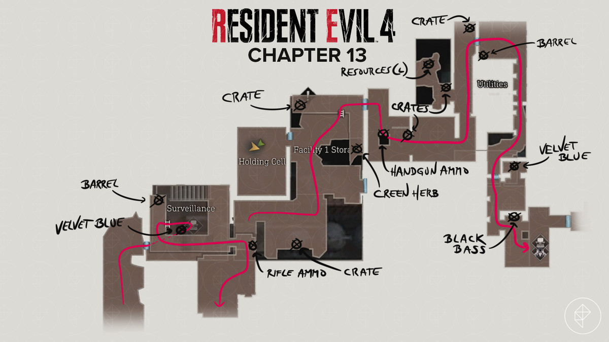 Mappa del remake di Resident Evil 4 da Sorveglianza al mercante con percorso e oggetti contrassegnati.