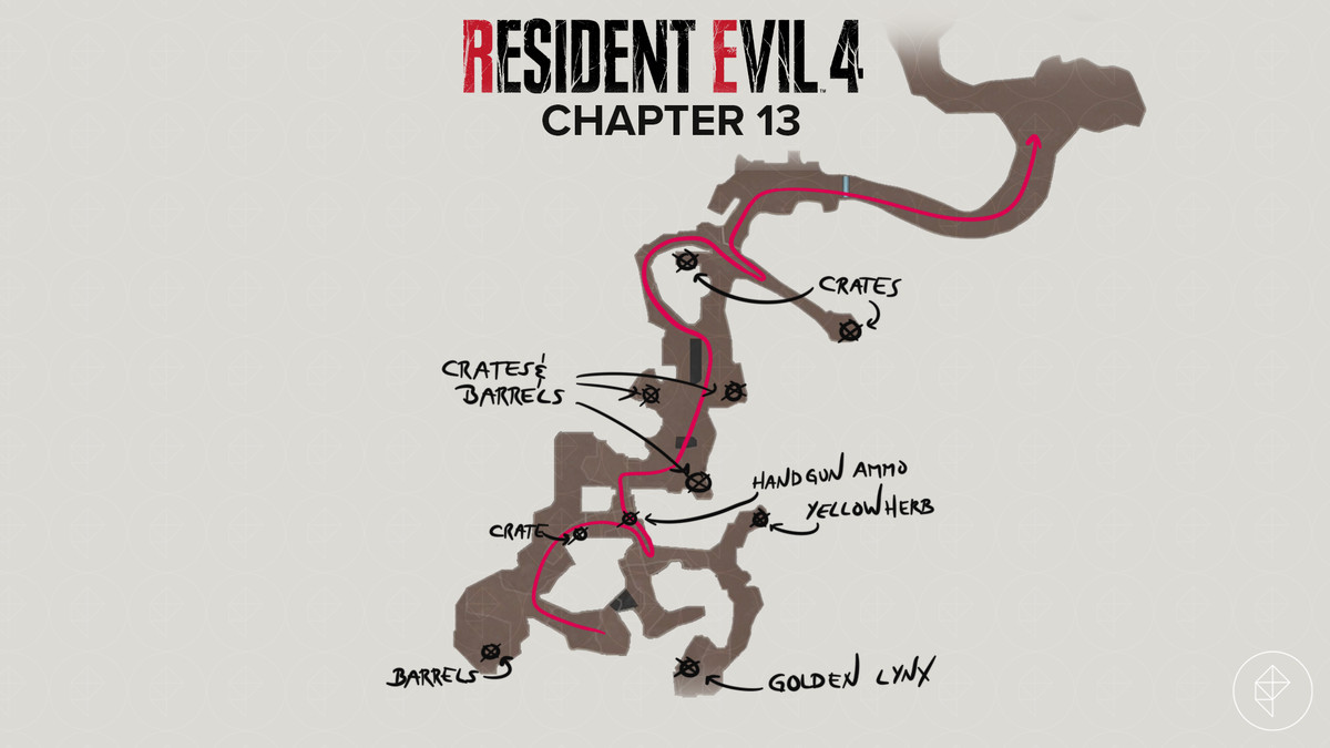 Resident Evil 4 remake mappa dei tunnel dopo il molo con un percorso e oggetti contrassegnati