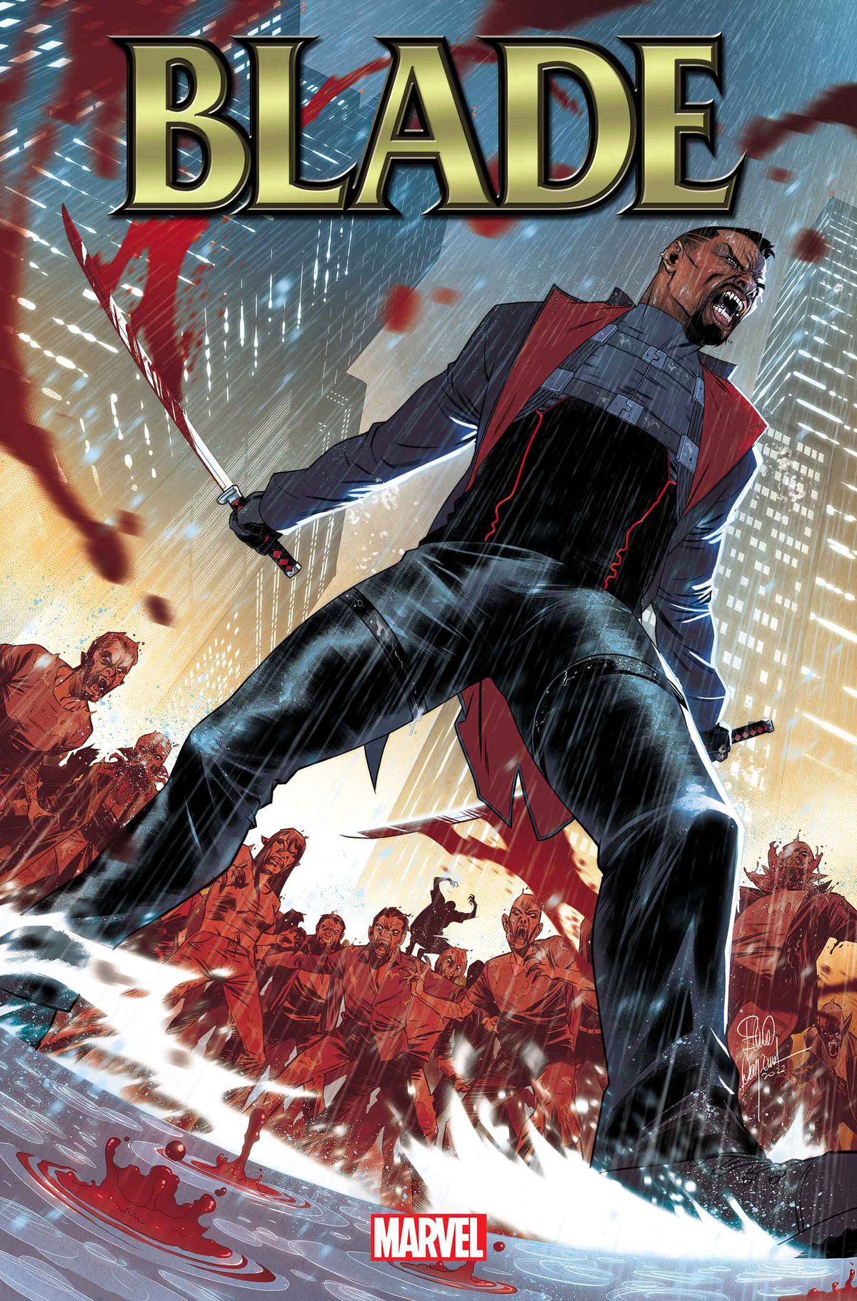 Ringhiando, Blade strappa il sangue dalla sua spada, circondato da non morti assetati di sangue.  I grattacieli notturni si alzano dietro di lui e la pioggia batte sul terreno, sulla copertina di Blade #1 (2023).