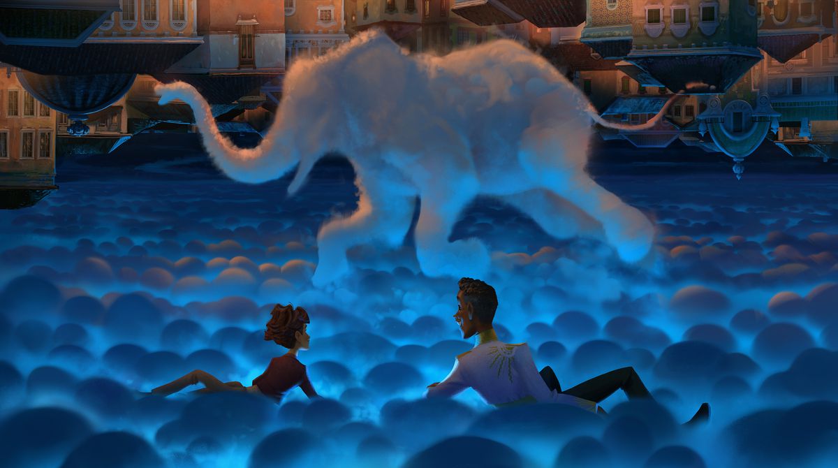 Un'immagine animata di un adulto e un bambino seduti su quelle che sembrano nuvole e che guardano un elefante (che sembra anche essere fatto di nuvole) di fronte a molti edifici capovolti in The Magician's Elephant.