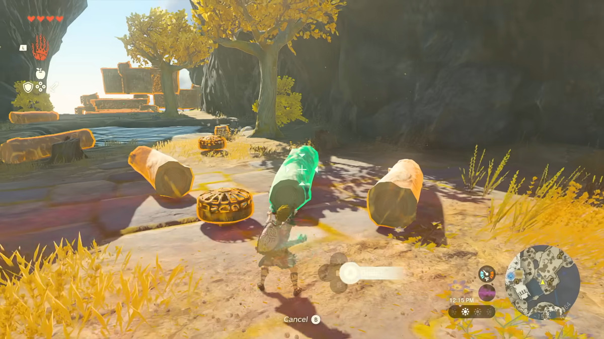 Link in The Legend of Zelda: Tears of the Kingdom che raccoglie alcuni materiali da costruzione per costruire una barca.