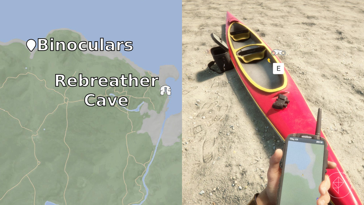 Posizione binoculare in cima a un kayak/canoa rosso insieme a una mappa annotata che mostra la posizione e un punto di riferimento nelle vicinanze in Sons of the Forest