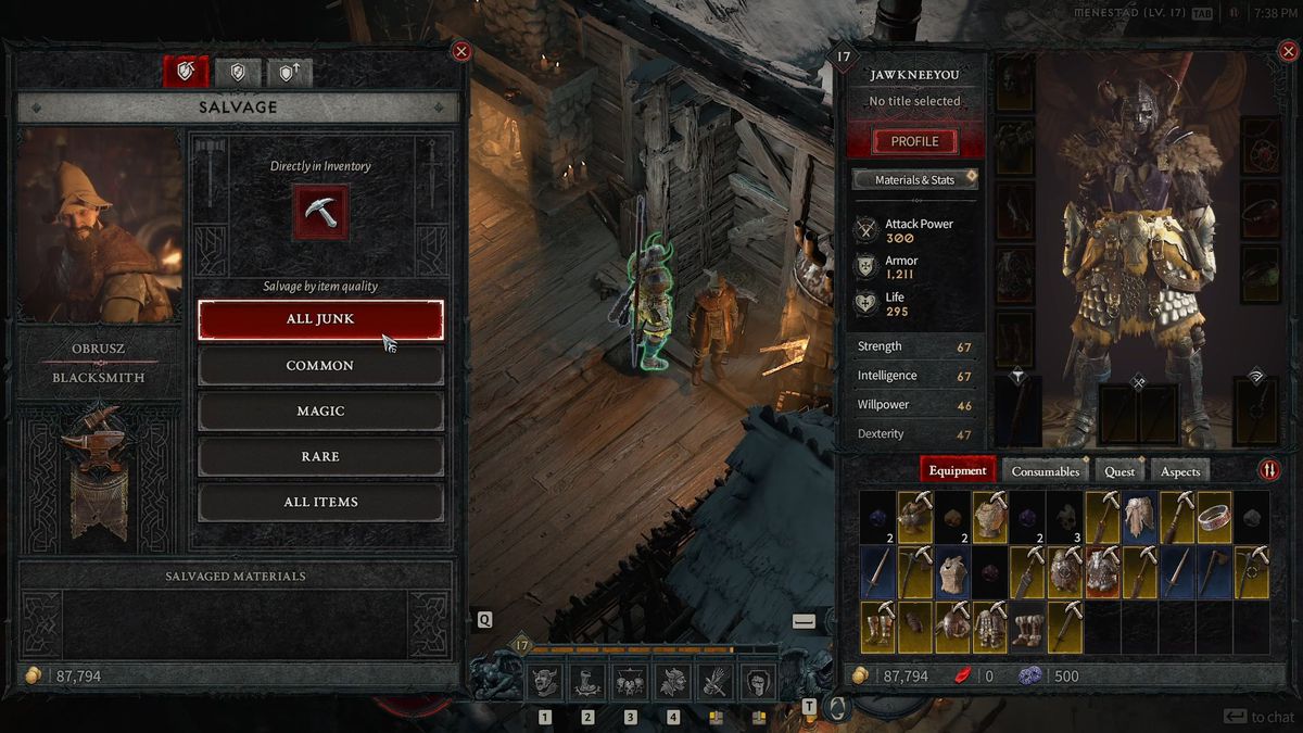 Menu di recupero dell'equipaggiamento in Diablo 4 / IV.  Mostra l'inventario insieme all'icona di un piccone nell'angolo in alto a destra dell'equipaggiamento di cui non hai l'aspetto.  Guerriero.