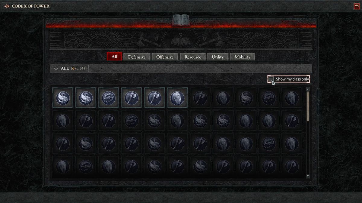 Codex of Power che mostra tutti gli aspetti che possiedi in Diablo 4 / IV.  Griglia con molte icone.  Difensivo, Offensivo, Risorsa, Utilità, Mobilità.