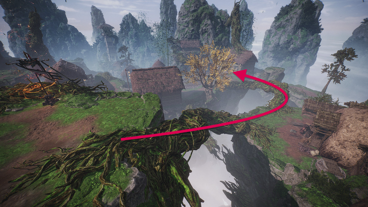 Panoramica del villaggio nascosto di Wo Long con una freccia che indica il percorso verso la donna.