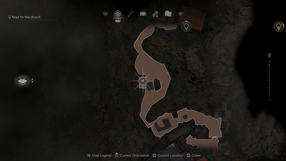 Una posizione sulla mappa che individua la cabina nel remake di Resident Evil 4 con il Clockwork Castellan all'interno.