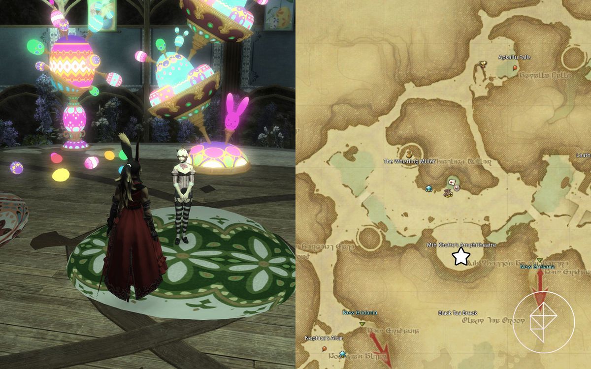 Una Viera in rosso si trova di fronte a un Miqo'te con un costume da uovo in piedi su un palco di legno adornato con decorazioni di uova luminose in Final Fantasy 14. La metà destra dell'immagine mostra una mappa della Vecchia Gridania con una stella bianca che indica dove trova l'NPC.