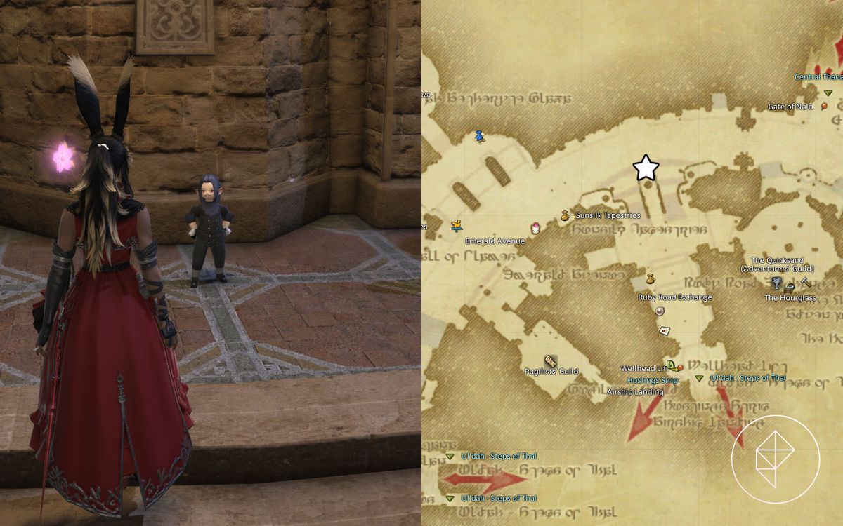 Una Viera in rosso si avvicina a un lalafell in giacca e cravatta in Final Fantasy 14
