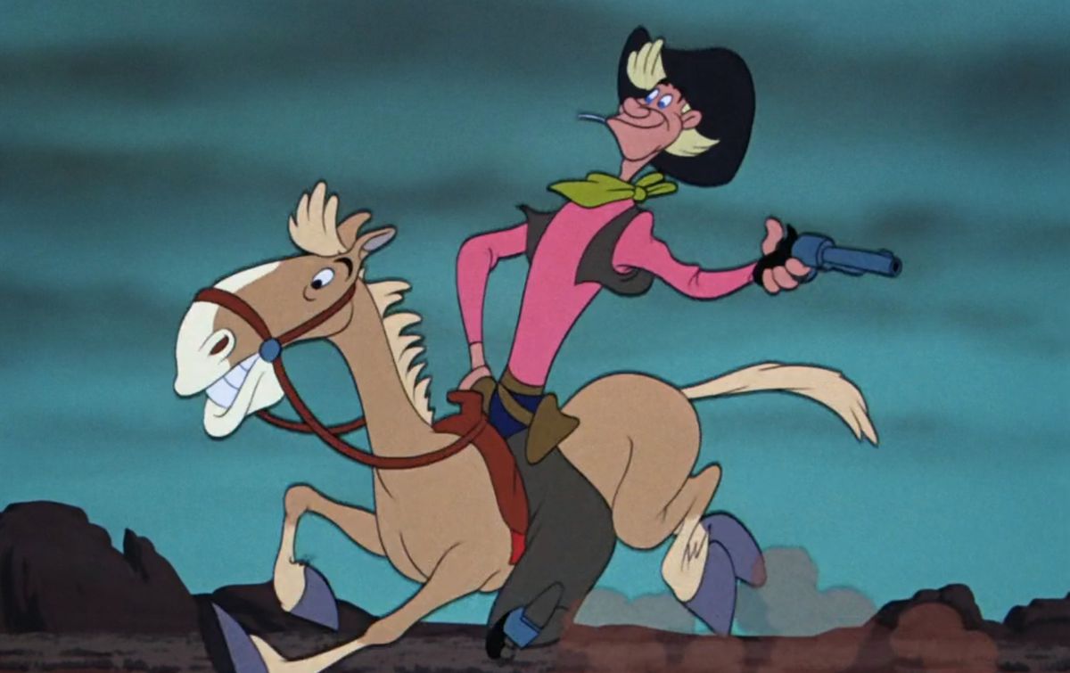 Pecos Bill, un cowboy con la camicia rosa e un cappello a tesa larga, sorride mentre cavalca il suo cavallo nel cortometraggio della Disney 