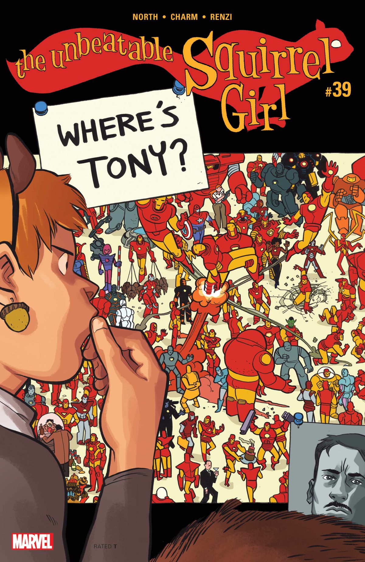 Squirrel Girl considera un campo di dozzine di semi di Iron Man che fanno varie cose.  Appuntato al muro c'è un biglietto che dice “DOV'E' TONY?”.  La copertina di The Unbeatable Squirrel Girl #39, Marvel Comics (2018).