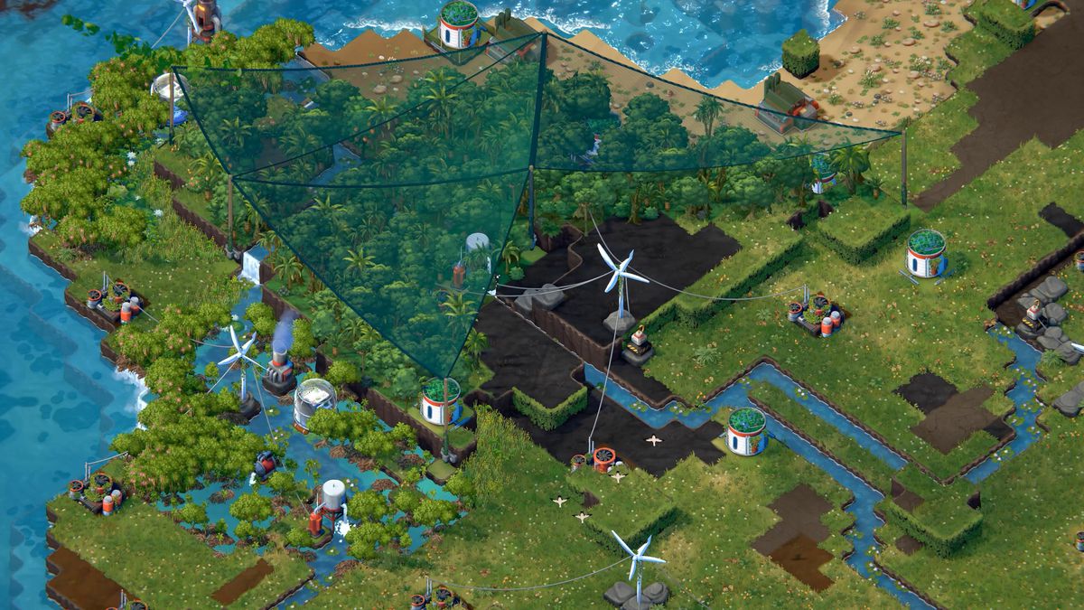 Uno screenshot di Terra Nil, un simulatore di restauro ecologico, da un punto di vista isometrico.  Una grande rete copre una foresta pluviale tropicale.  Ci sono mulini a vento e altri edifici intorno.