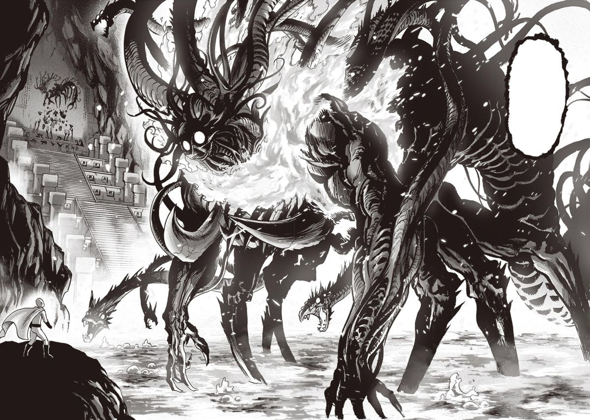 Un minuscolo Saitama affronta un gigantesco Orochi nel suo stato pre-fusione in un'illustrazione in bianco e nero