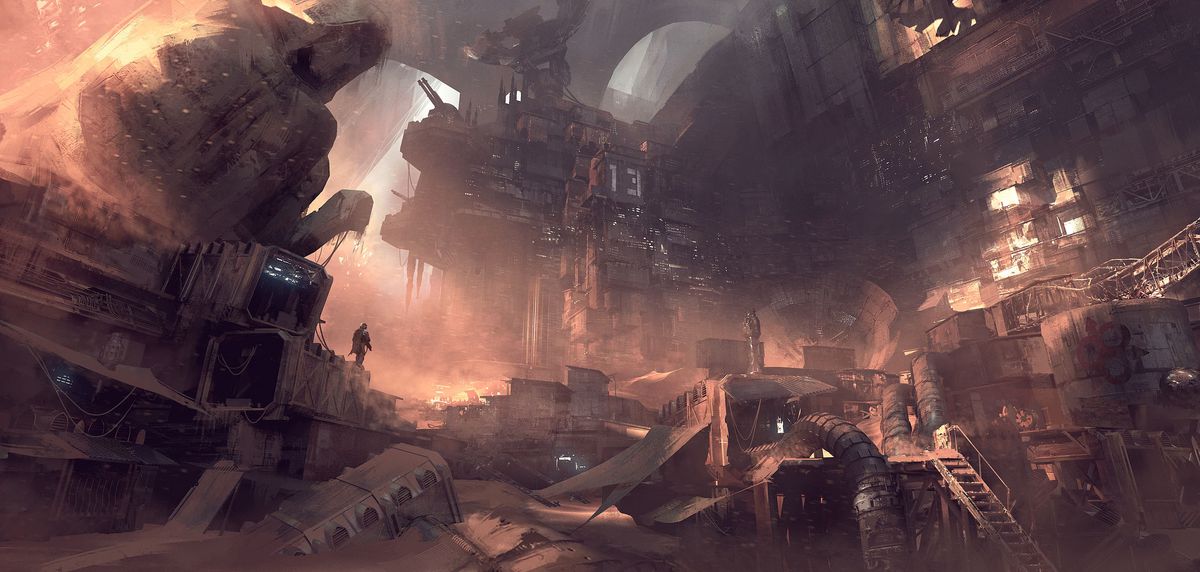 Warhammer 40.000: Darktide - Concept art di una città alveare, un enorme insieme di strutture che ospita miliardi di persone.  Le baracche sono state costruite intorno all'alveare.  In primo piano, uno spazzino esplora l'ambiente.