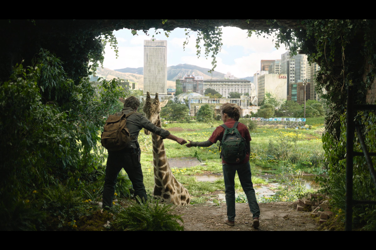 Joel (Pedro Pascal) porge a Ellie (Bella Ramsey) delle foglie per nutrire una giraffa, su un balcone con vista su Seattle.